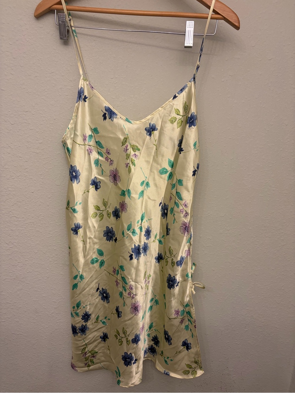 Inner Most Silky Floral Slip Dress - Cream with Blue & Green Floral. Sz L